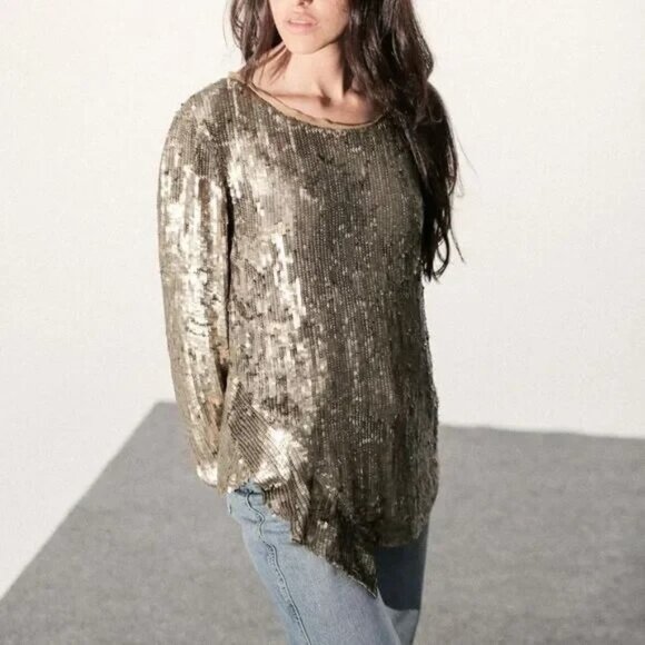 3.1. Phillip Lim Silk Liquid Gold Luxe Sequin Long Sleeve Top Size 8 - Picture 1 of 11